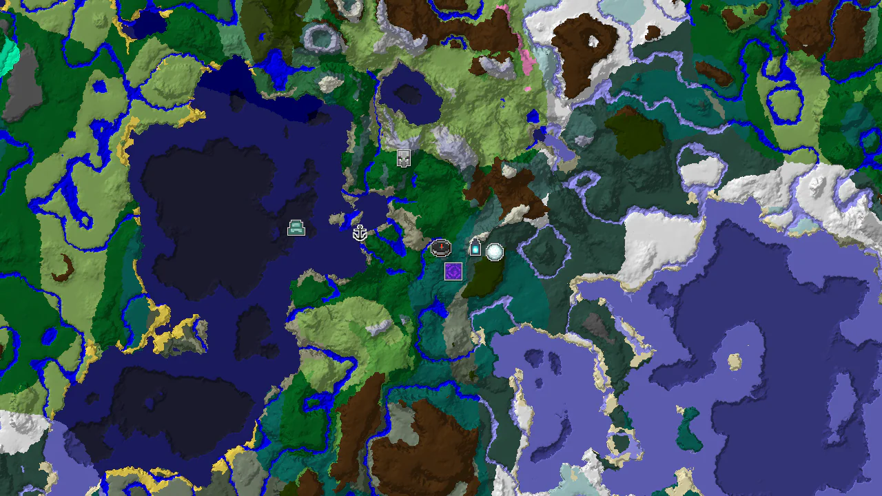 A 2D biome map centered on spawn, showing a large snowy area to the north and various forest biomes.