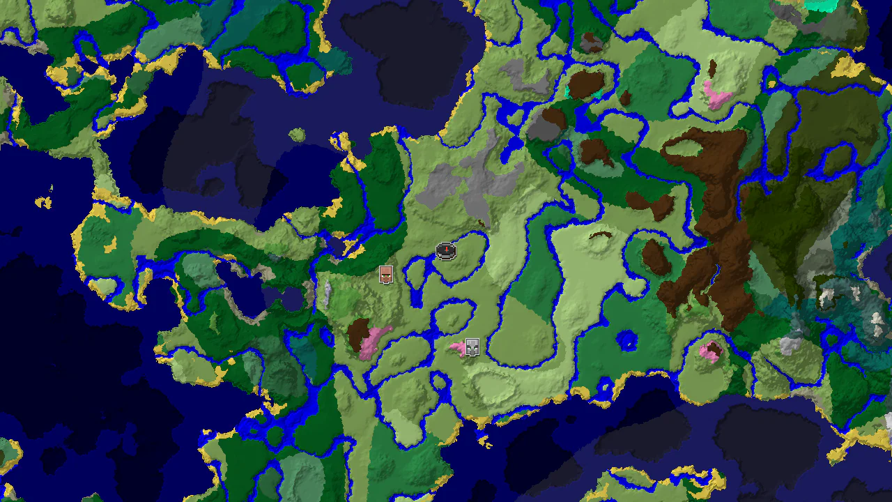 A top-down 2D biome map centered on the spawn point, with markers for nearby structures.