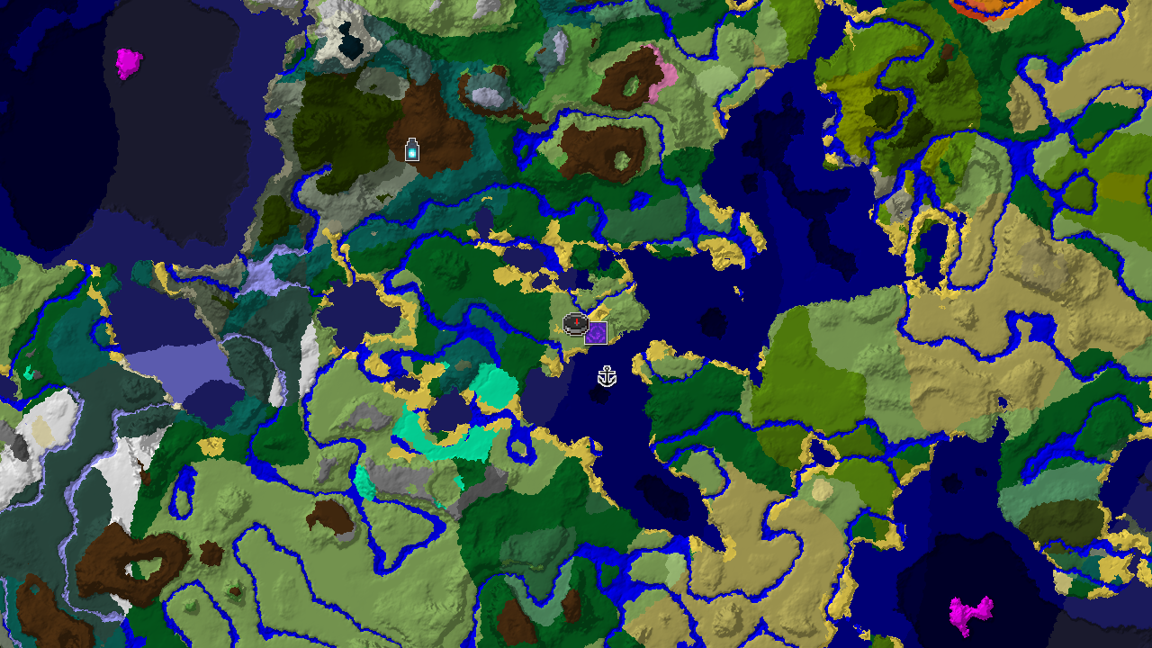 A 2D biome map centered on spawn, showing plains, forests, and oceans with markers for a ruined portal and a shipwreck.