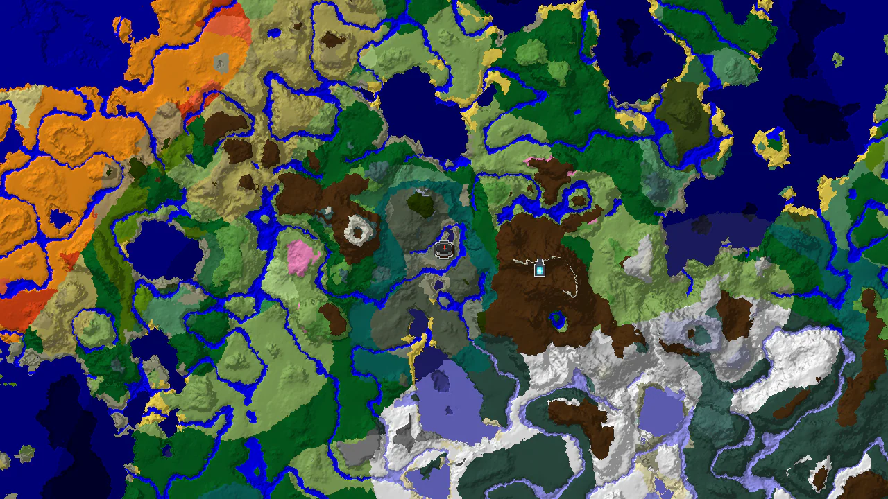 A top-down 2D biome map of Minecraft seed 6814676192398145689, centered on spawn, with markers for nearby structures.