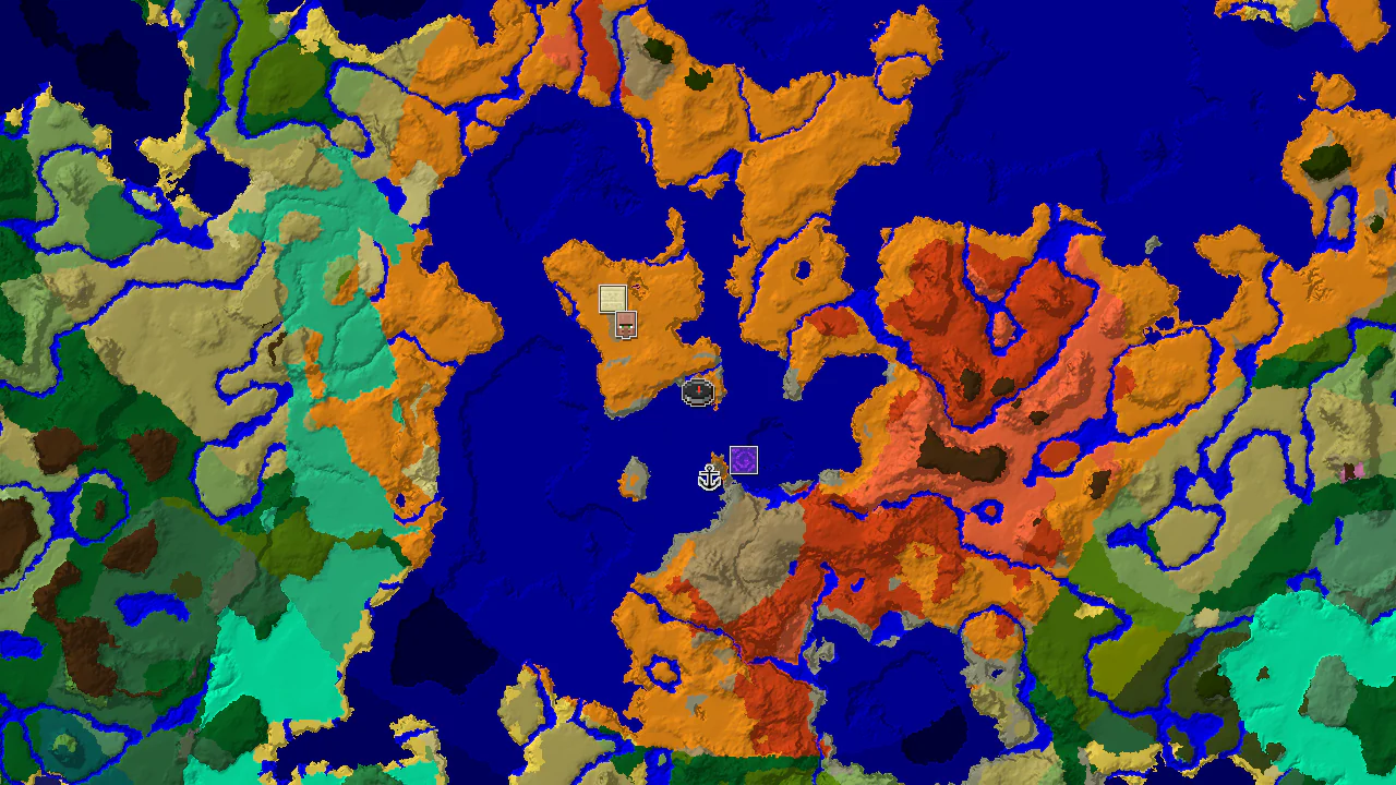 A 2D biome map centered on the spawn point, showing Wooded Badlands, large areas of Desert and Warm Ocean, and markers for nearby structures.