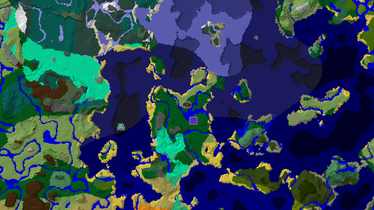 A top-down 2D biome map centered on spawn, showing forest, ocean, and various other biomes, with markers for a ruined portal and shipwreck.