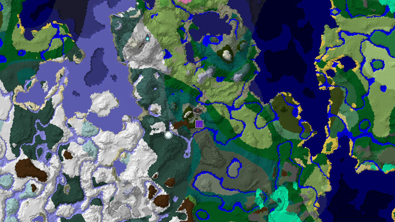 A 2D top-down biome map centered on spawn, showing Taiga, Stony Shore, and Old Growth Spruce Taiga biomes, with markers for a Ruined Portal and an Ancient City.