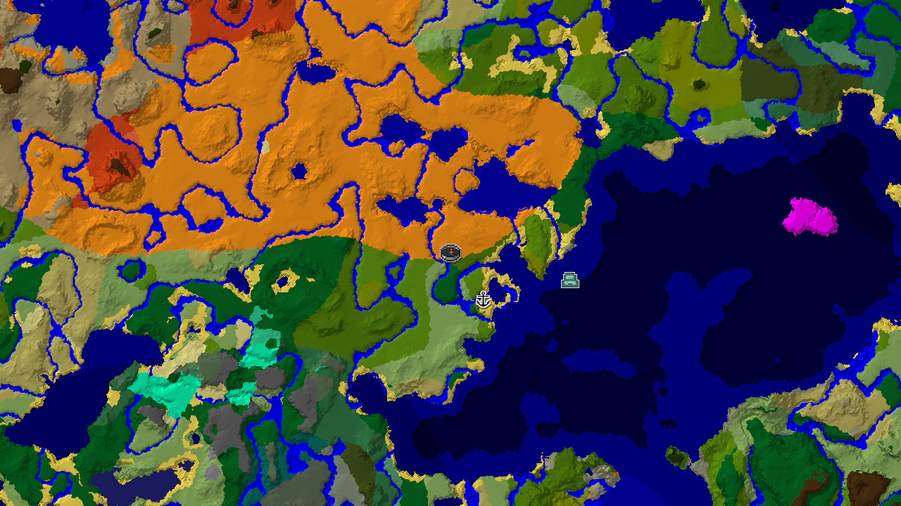 A top-down 2D biome map showing a Desert spawn point, with markers for a Shipwreck to the southeast and an Ocean Monument further east.