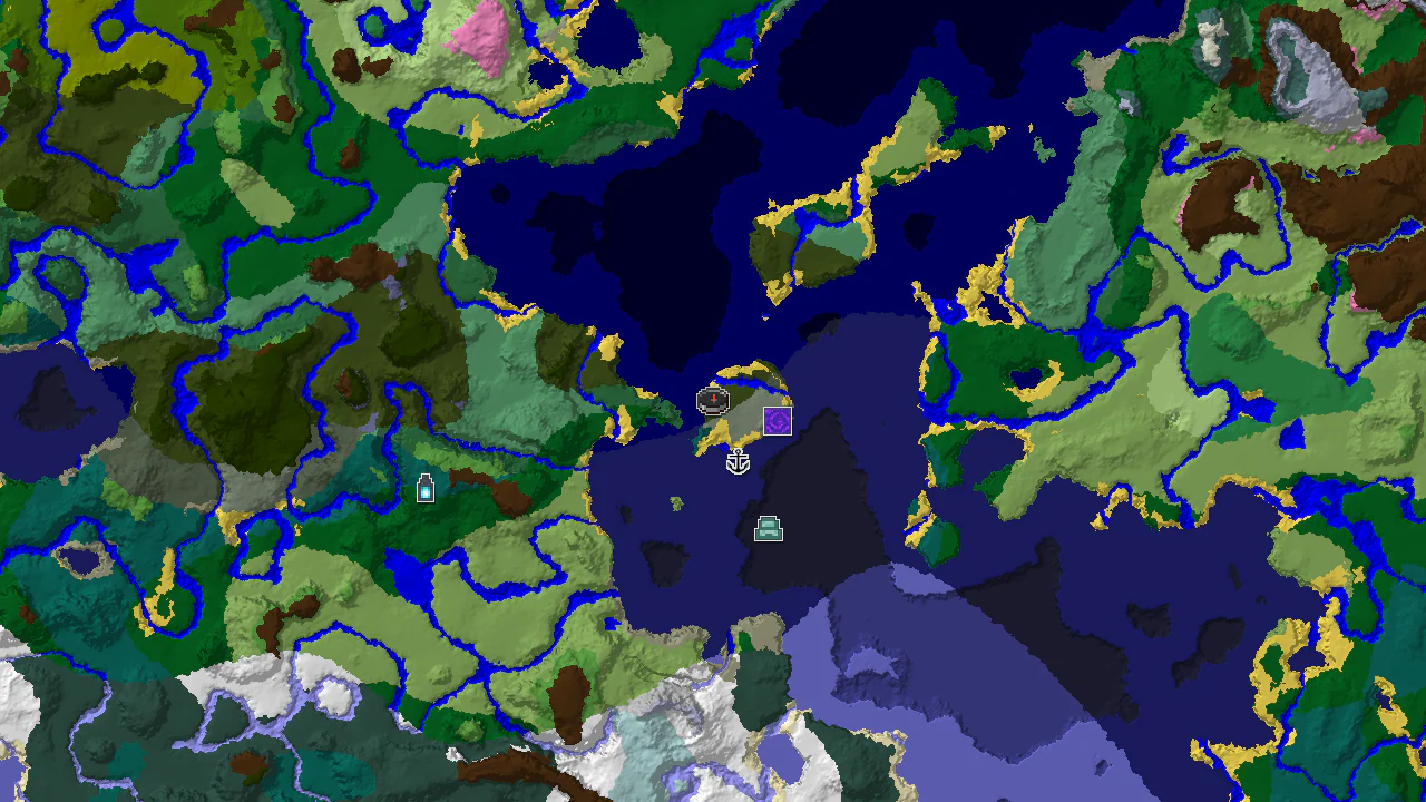 A top-down 2D biome map centered on spawn in a Dark Forest, showing nearby Ocean, Beach, and Old Growth Spruce Taiga biomes, with markers for a Ruined Portal and Shipwreck.