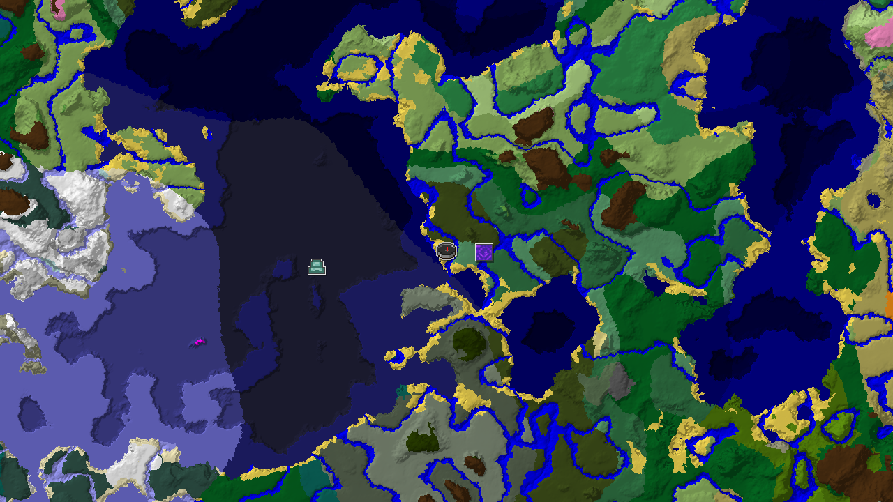 A 2D biome map centered on the spawn point, showing birch forests, rivers, beaches, and oceans, with markers for a ruined portal and an ocean monument.