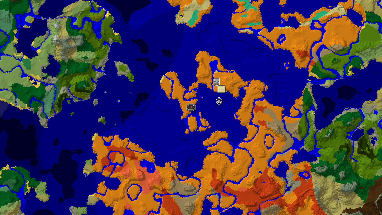 A 2D top-down biome map centered on spawn, showing a large desert biome, warm ocean, and river, with markers for a desert pyramid and a shipwreck.