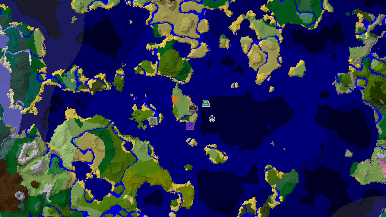 A top-down 2D biome map centered on spawn, showing savanna, plains, and a large ocean. Markers indicate an Ocean Monument, Ruined Portal, and Shipwreck.