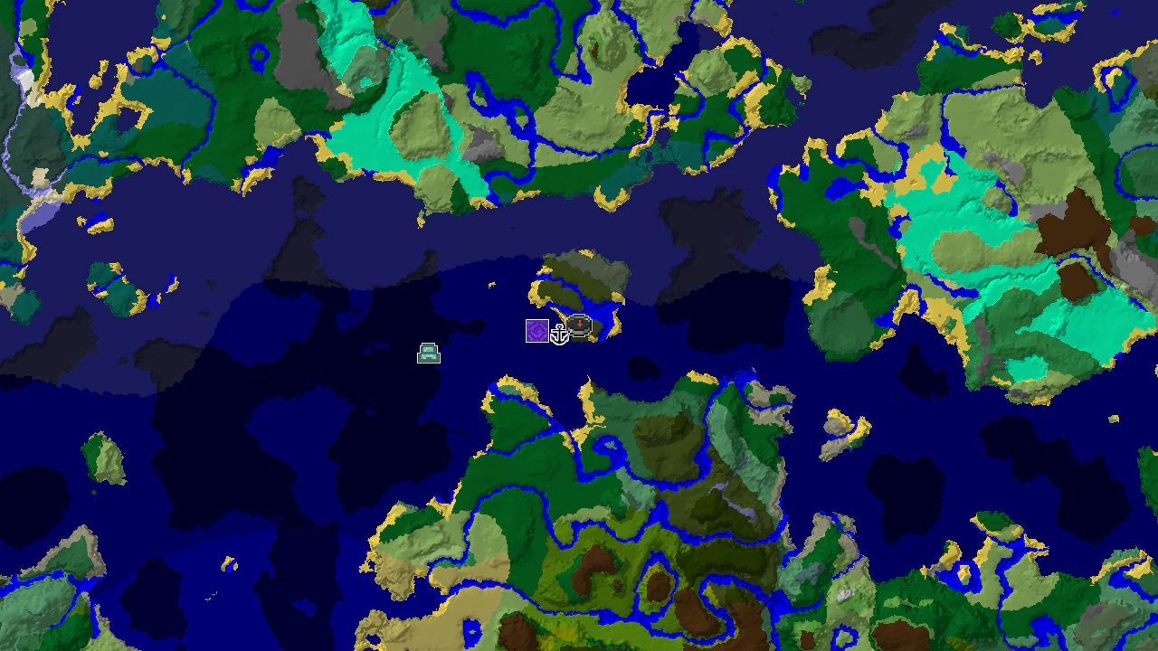 A top-down 2D biome map centered on spawn, showing dark forest, ocean, and river biomes, with markers for a shipwreck and ruined portal.