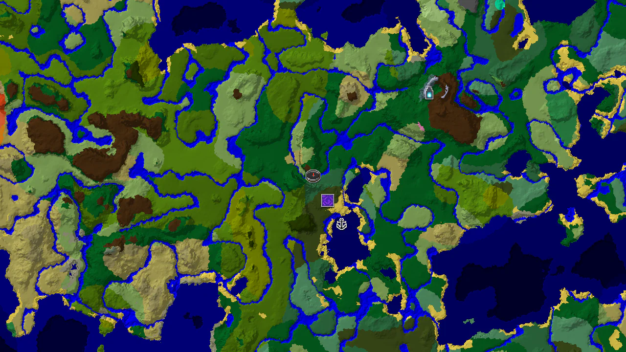 A top-down 2D biome map centered on spawn, showing forest, jungle, and ocean biomes with markers for a ruined portal and shipwreck.