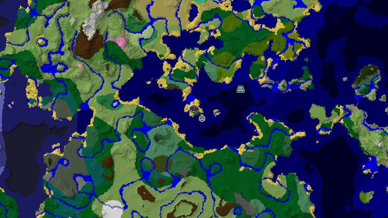 A 2D biome map centered on spawn, showing Birch Forest, Ocean, and Beach biomes, with markers for a shipwreck and an ocean monument.