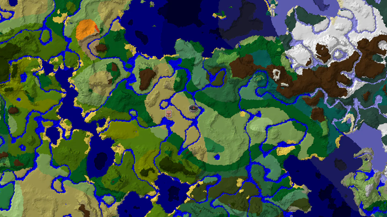A 2D biome map centered on spawn, showing plains, savanna, and forests, with a village marker to the west.