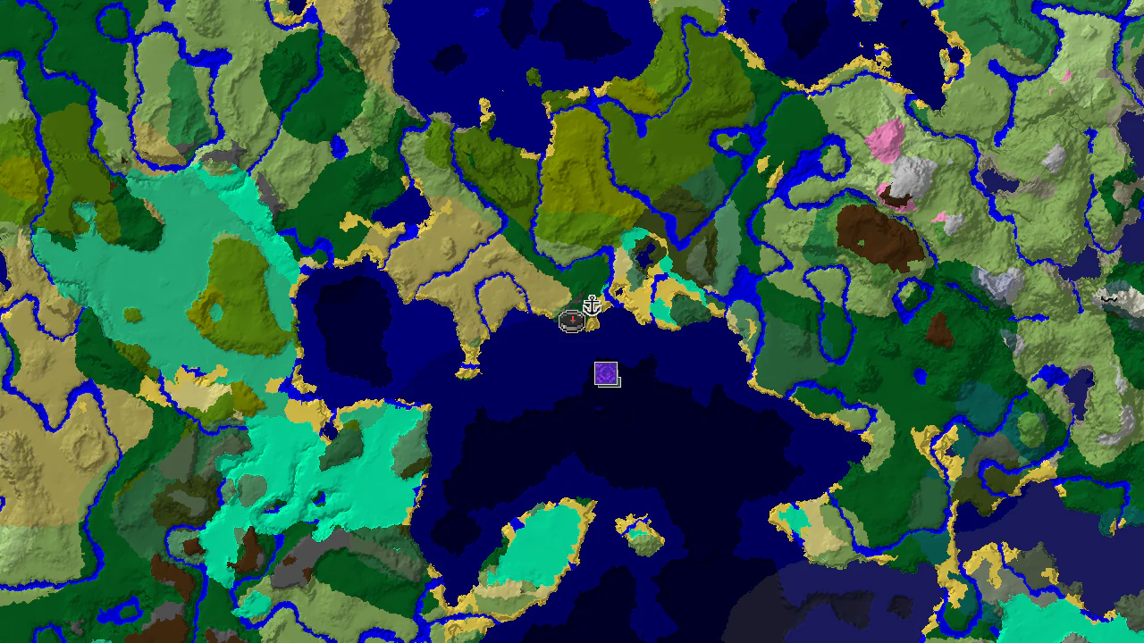 A top-down 2D biome map centered on spawn, showing forest, ocean, and savanna biomes, with markers for a shipwreck, ruined portal, and ocean monument.