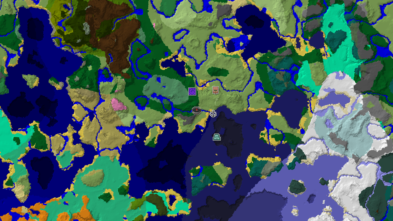 A 2D biome map centered on spawn, showing a forest, plains, and cold ocean with markers for an abandoned village, ruined portal, and shipwreck.
