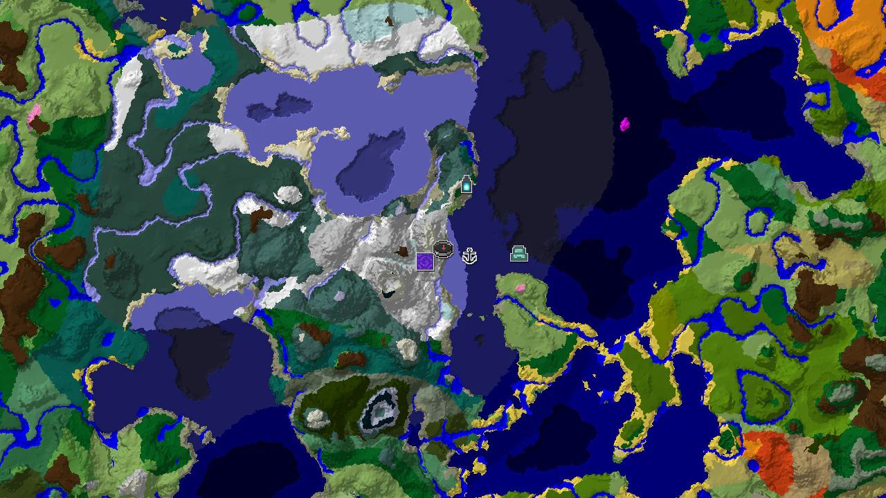 A 2D biome map centered on the spawn point, showing icy and snowy biomes dominant, with markers for a Ruined Portal, Shipwreck, Ocean Monument, and Ancient City.