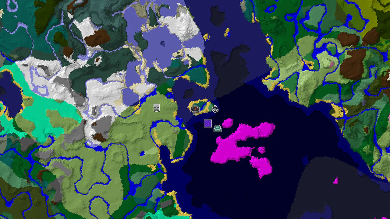 A top-down 2D biome map centered on spawn, showing Taiga, various oceans, and markers for a Ruined Portal, Shipwreck, and Ocean Monument.