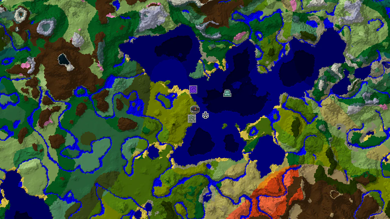 A 2D top-down map centered on a Bamboo Jungle spawn, showing nearby ocean, jungle, and markers for a temple and shipwreck.