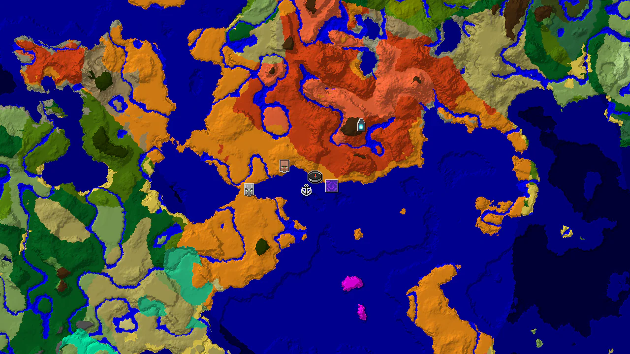 A 2D biome map centered on spawn, showing desert and warm ocean biomes with markers for a shipwreck, ruined portal, and village.