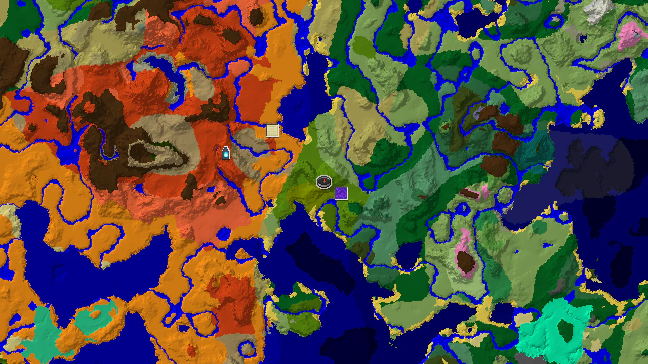A top-down 2D biome map centered on spawn, showing Sparse Jungle, Bamboo Jungle, and a Ruined Portal marker.