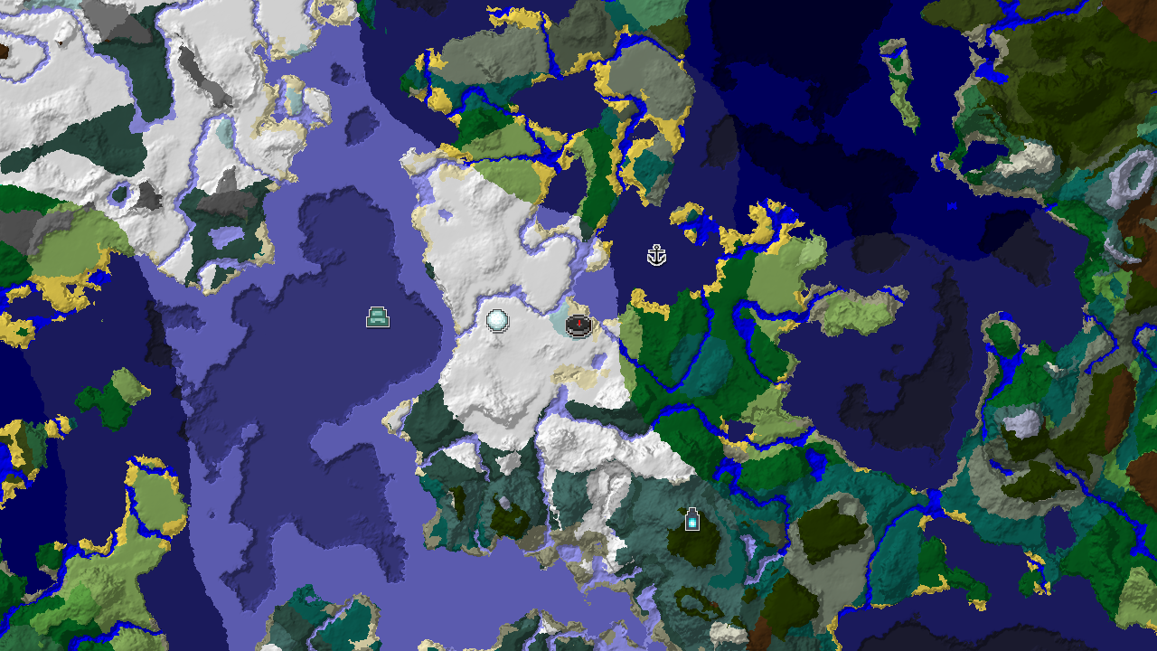 A 2D top-down biome map centered on the spawn point, showing ice spikes, snowy plains, and frozen ocean biomes, with markers for an igloo, shipwreck, and ocean monument.