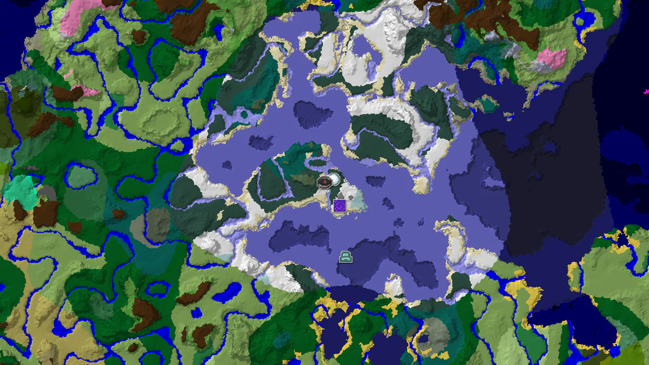 A 2D biome map centered on the spawn point, showing snowy biomes and markers for a shipwreck, igloo, and ruined portal.