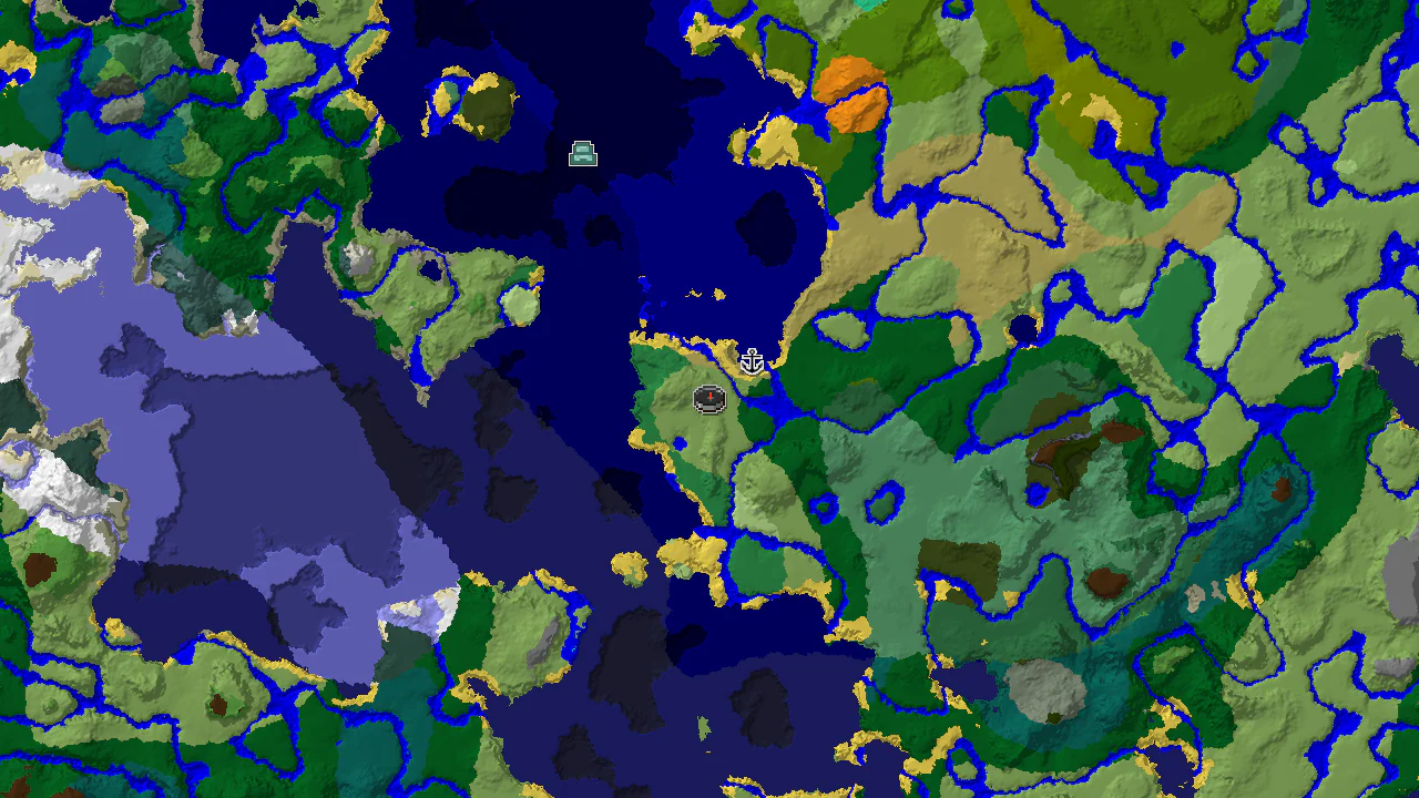 A top-down 2D biome map centered on spawn with a spawn marker, a shipwreck marker, and an ocean monument marker.
