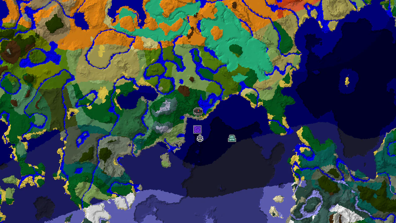 A 2D biome map centered on the spawn point, showing Forest, River, Ocean, and the nearby Ruined Portal and Shipwreck.