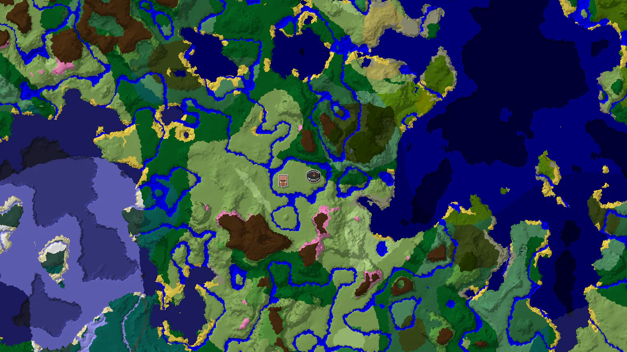 A top-down 2D biome map centered on spawn, showing a Plains biome, nearby Forest and River, with markers for a village.