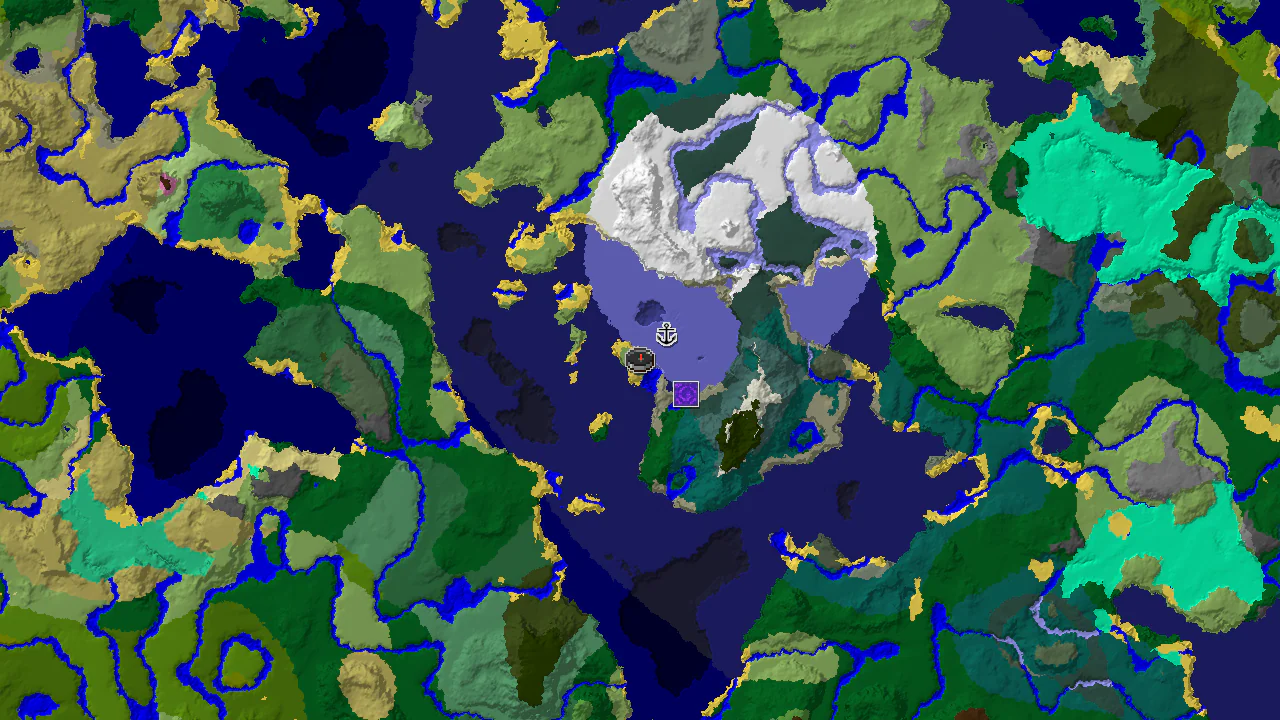 A top-down 2D biome map centered on the spawn point, showing markers for nearby structures.