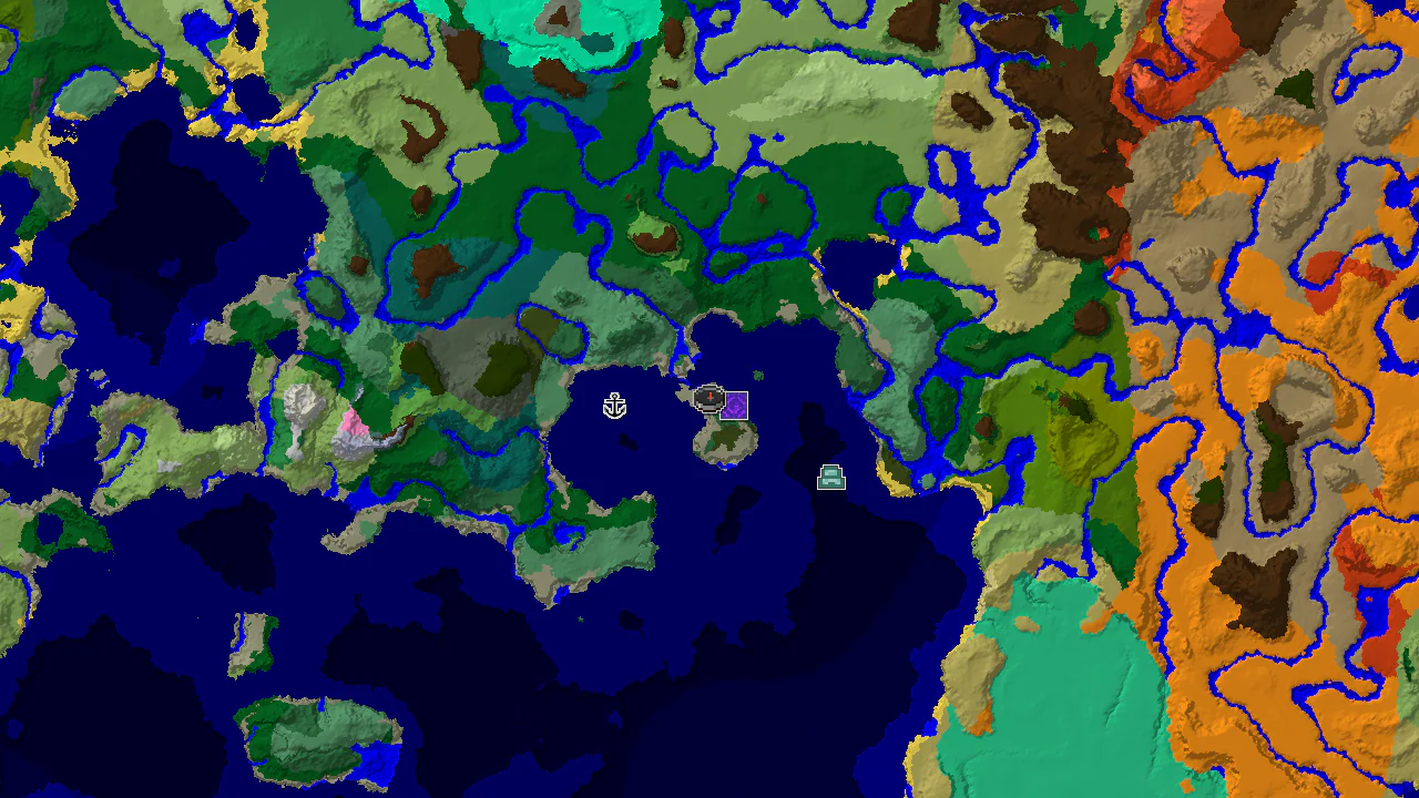 A top-down 2D biome map centered on spawn, showing Birch Forest, Ocean, and Stony Shore biomes, with markers for a Ruined Portal, Shipwreck, and Ocean Monument.