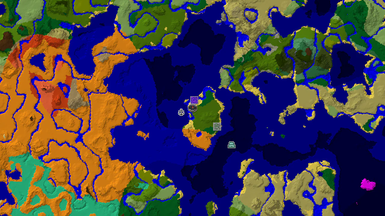 A 2D top-down biome map centered on spawn, showing a large jungle surrounded by ocean biomes, with markers for a ruined portal and shipwreck.