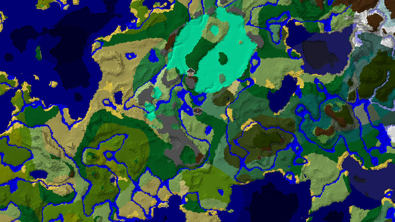 A top-down 2D biome map centered on spawn, showing forest, river, and plains, with a spawn marker and a Witch Hut marker.