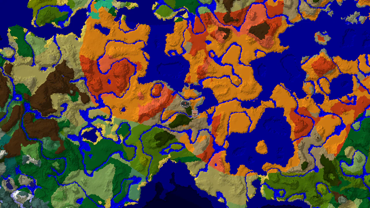 A 2D biome map centered on spawn, showing Wooded Badlands, River, Desert, and Warm Ocean, with a village marker.