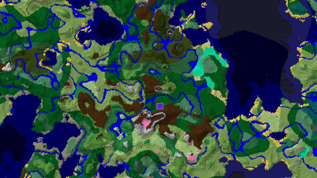 A top-down 2D biome map centered on the spawn point, marked with a red square, and showing nearby structures.