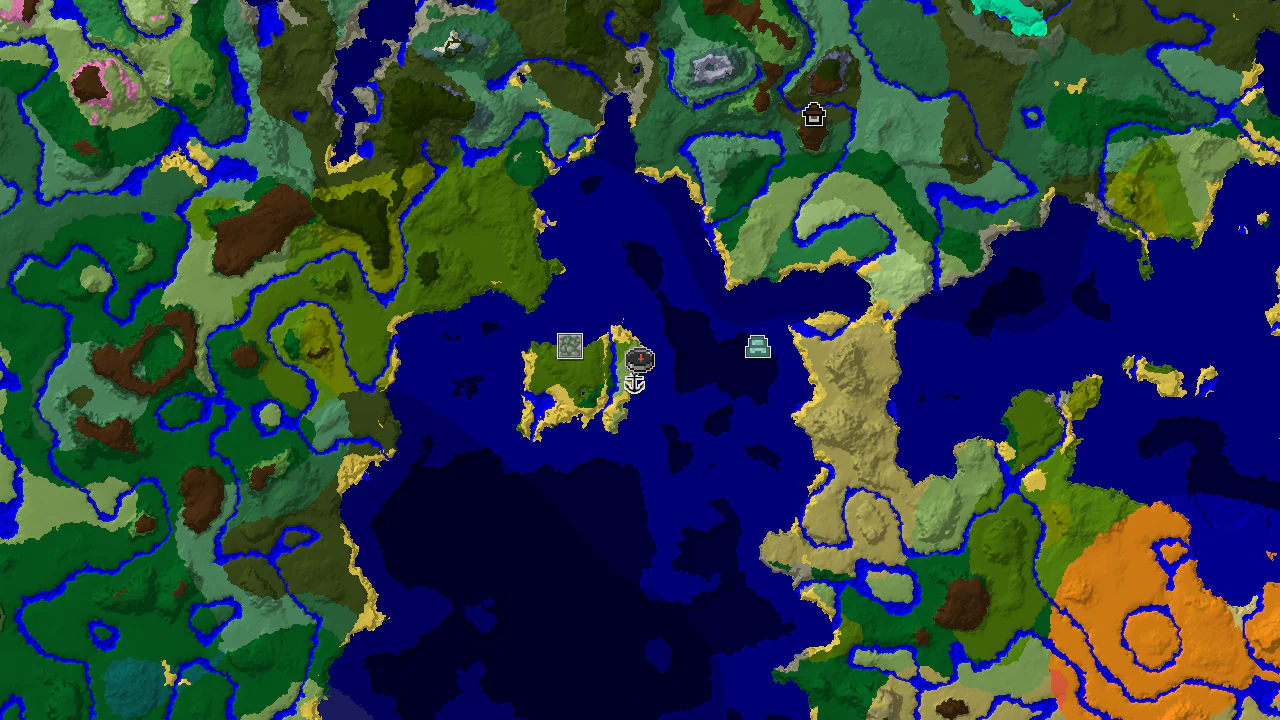 A top-down 2D biome map centered on spawn, showing a plains biome, various oceans, and jungle with markers for a shipwreck, jungle temple, ocean monument, and woodland mansion.