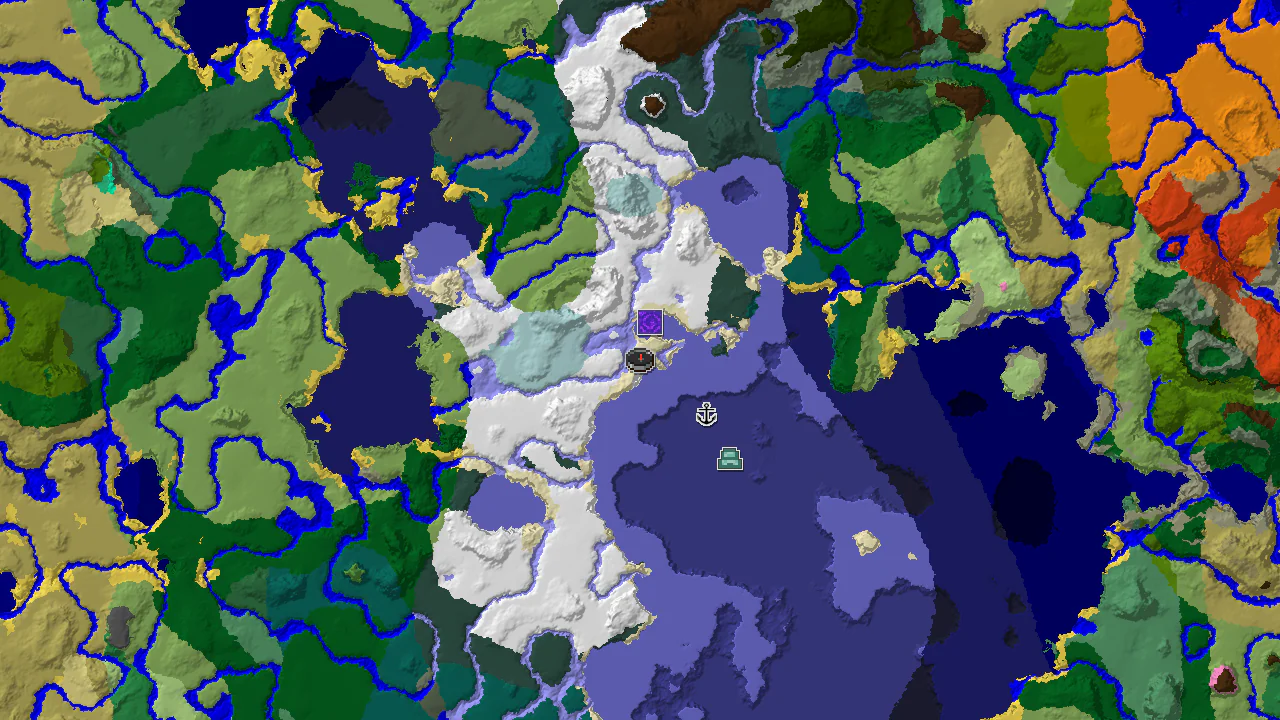 A top-down 2D biome map centered on spawn, showing snowy biomes, a frozen ocean, and markers for a ruined portal, shipwreck, and ocean monument.