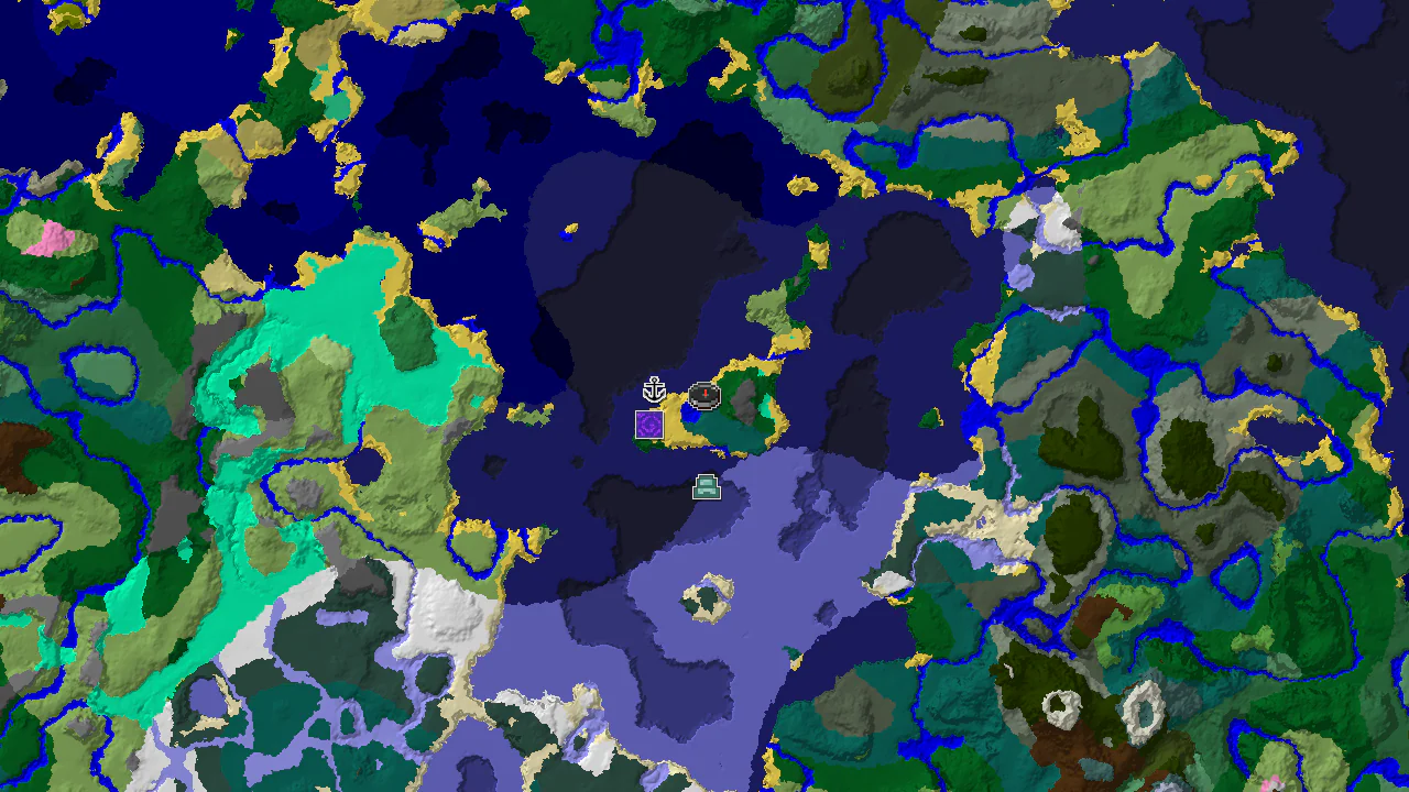 A 2D biome map centered on spawn, showing a large Cold Ocean biome with markers for an Ocean Monument and a Shipwreck.