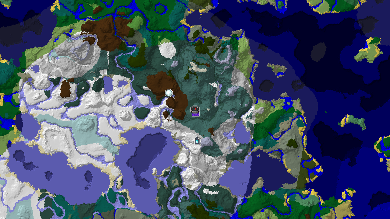 A 2D biome map centered on spawn, showing snowy biomes dominating the area, with markers for a Ruined Portal and an Ancient City.