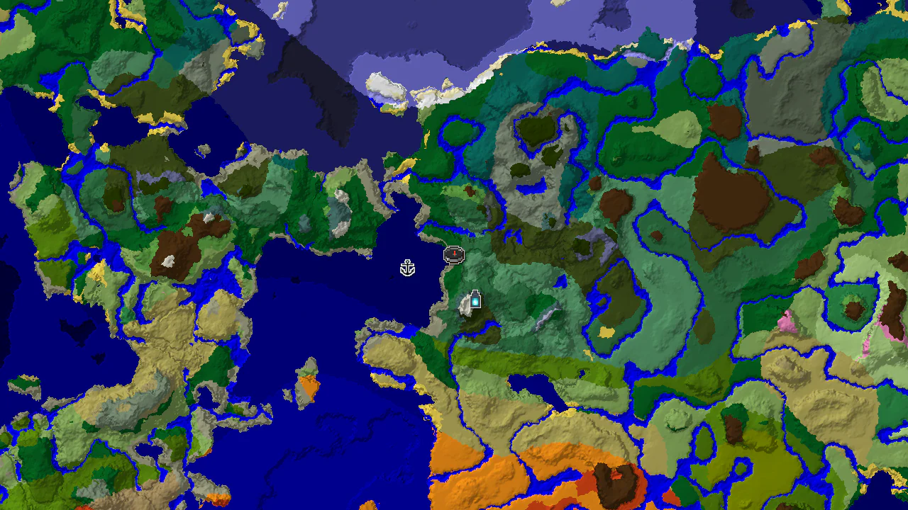 A 2D biome map centered on spawn, showing forest, ocean, and birch forest biomes, with markers for an Ancient City and Shipwreck.