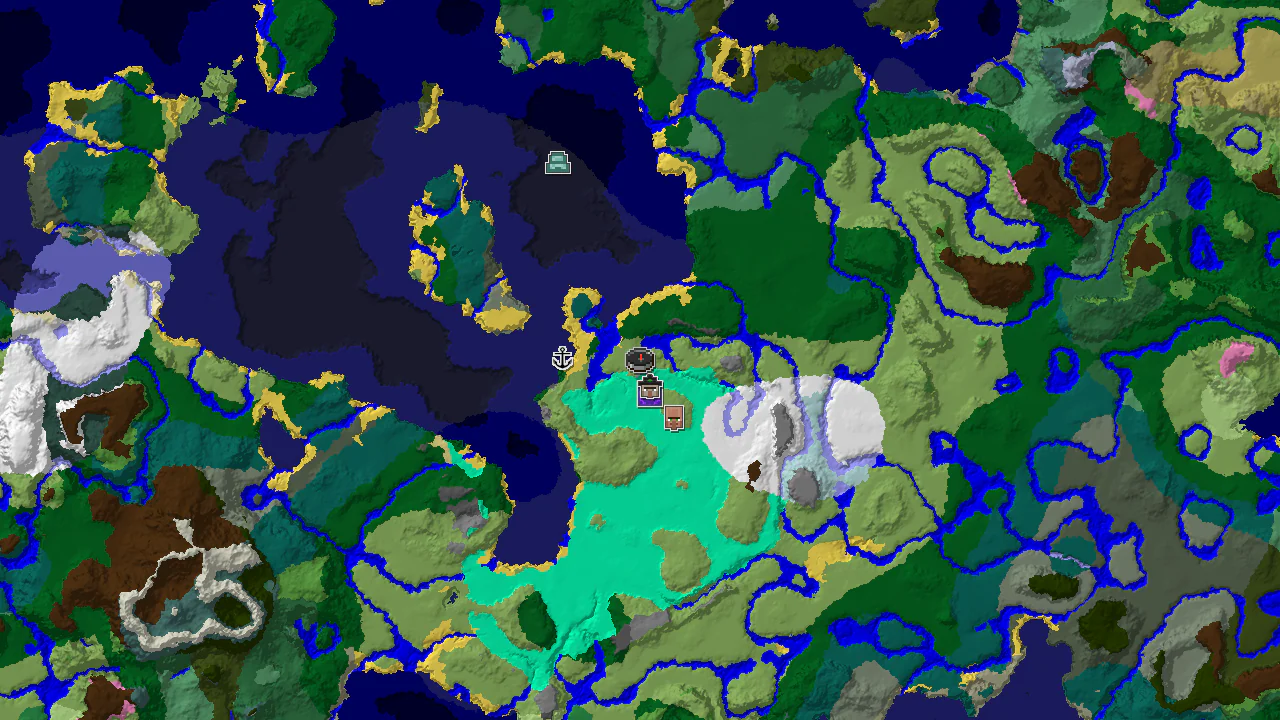 A top-down 2D map showing a spawn marker in a Plains biome, with nearby markers for a Witch Hut, Ruined Portal, and Village.