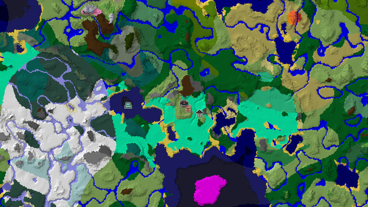 A 2D map centered on spawn, showing plains, forest, and swamp biomes, with markers for a village and a witch hut.