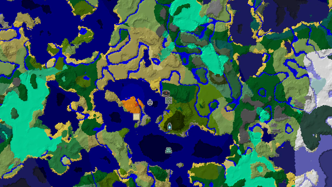 A top-down 2D biome map centered on a jungle spawn with markers for a jungle temple, shipwreck, ancient city, and desert pyramid.