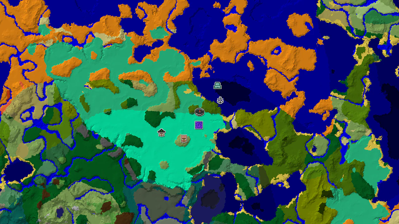 A top-down 2D biome map centered on spawn, showing a Mangrove Swamp at the center, with markers for a Ruined Portal and a Shipwreck.