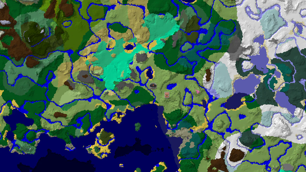 A top-down 2D biome map centered on spawn, showing plains, river, and forest biomes, with markers for spawn and a village.