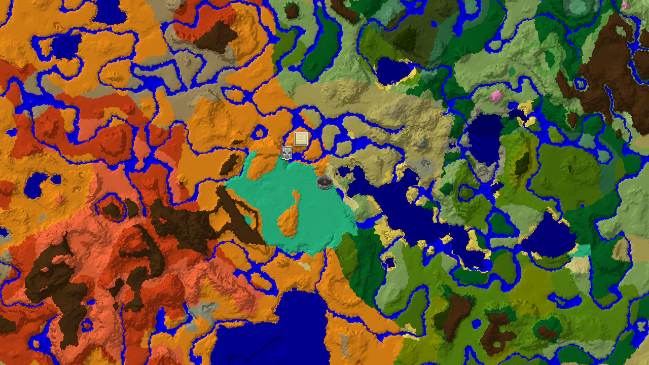 A top-down 2D biome map centered on the spawn point, showing a Mangrove Swamp at spawn, with nearby Desert and Windswept Savanna biomes, and markers for a Pillager Outpost and Desert Pyramid.