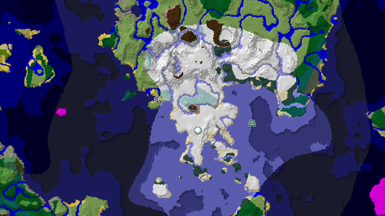 A 2D top-down biome map centered on spawn, showing a large area of snowy biomes, marked with a spawn point and nearby structures.