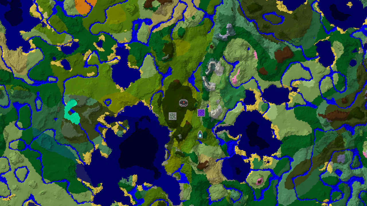 A 2D biome map centered on the spawn point, showing lush jungle, plains, and mountain biomes, with markers for a jungle temple and ancient city.