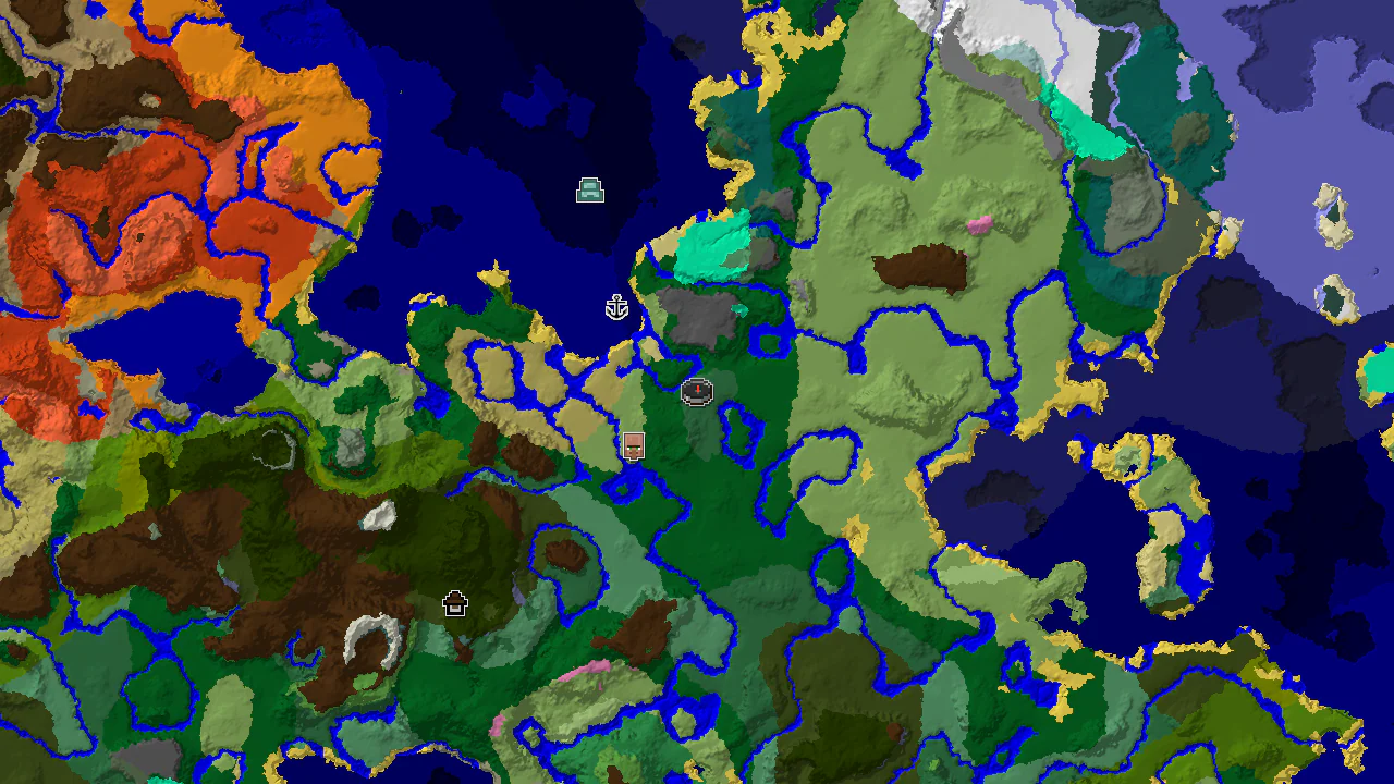 A top-down 2D biome map centered on spawn, showing a Birch Forest spawn point and markers for a village and shipwreck.