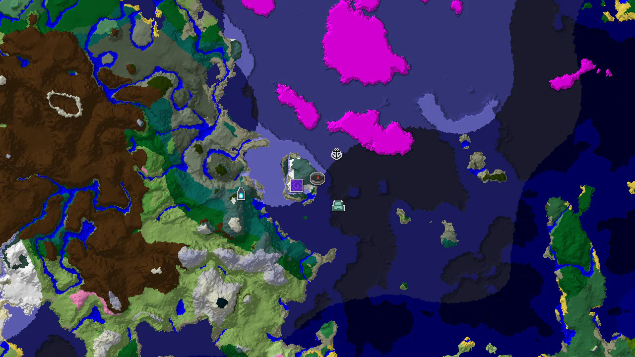 A top-down 2D biome map centered on spawn with markers for spawn, a ruined portal, shipwreck, and ocean monument.