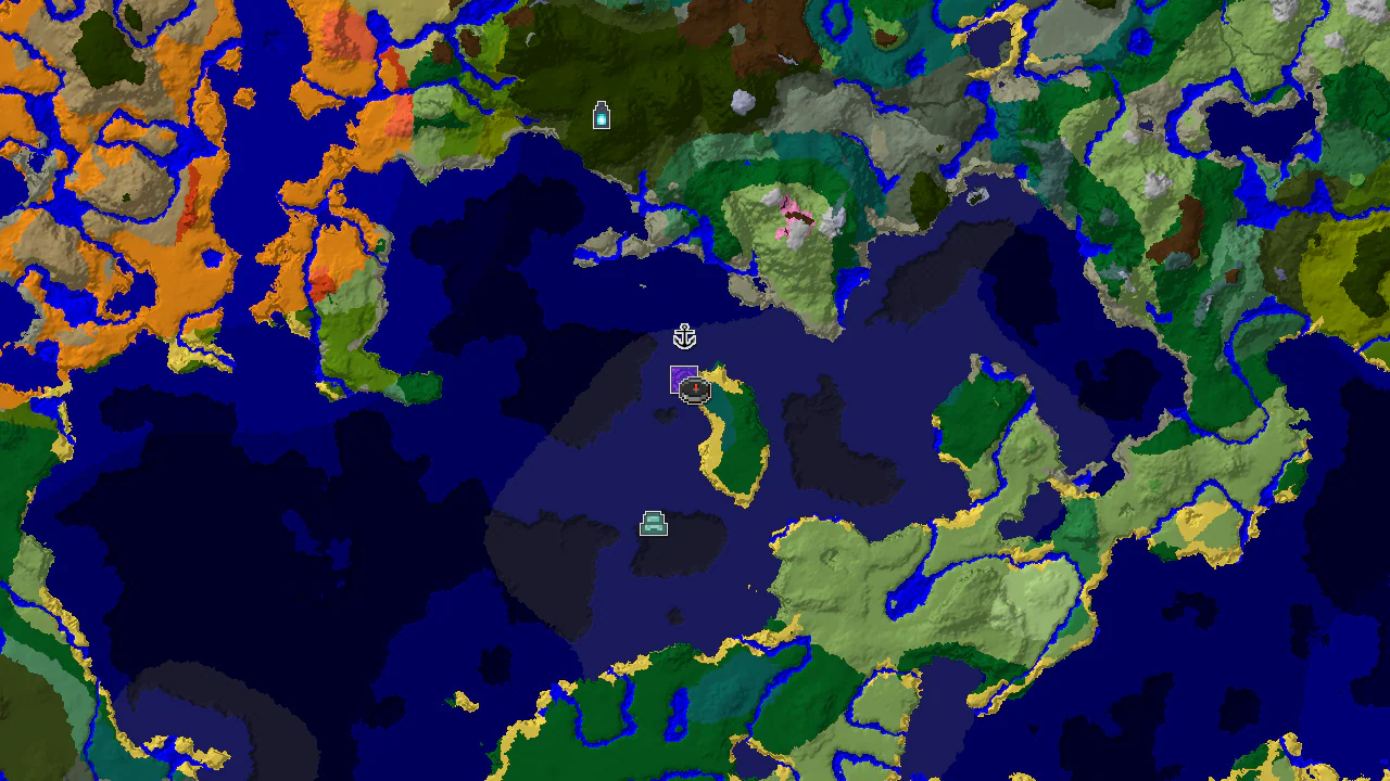 A 2D biome map centered on the Taiga spawn point, showing nearby Cold Ocean, Forest, and other biomes, with markers for a Ruined Portal and Shipwreck.